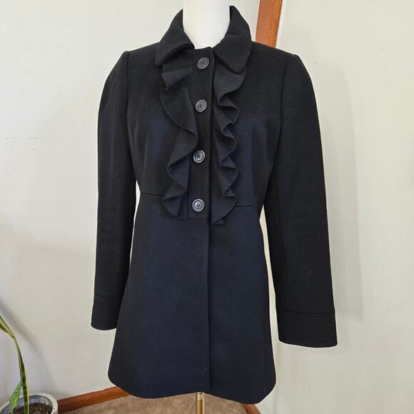 J.Crew Coat Womens 2 Black Wool Ruffle Collar Coquette Avante Garde Whimsigoth - Picture 2 of 11